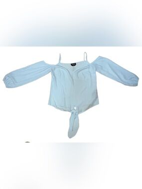 Women's Light Blue Tie-Front Cold Shoulder Long Puffy Sleeves Summer Top